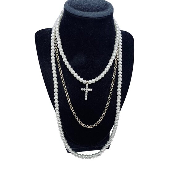 New 3 Strand Faux Pearl & Cable Chain Gold Tone Necklace With Cross Charm (5454) - Picture 1 of 8